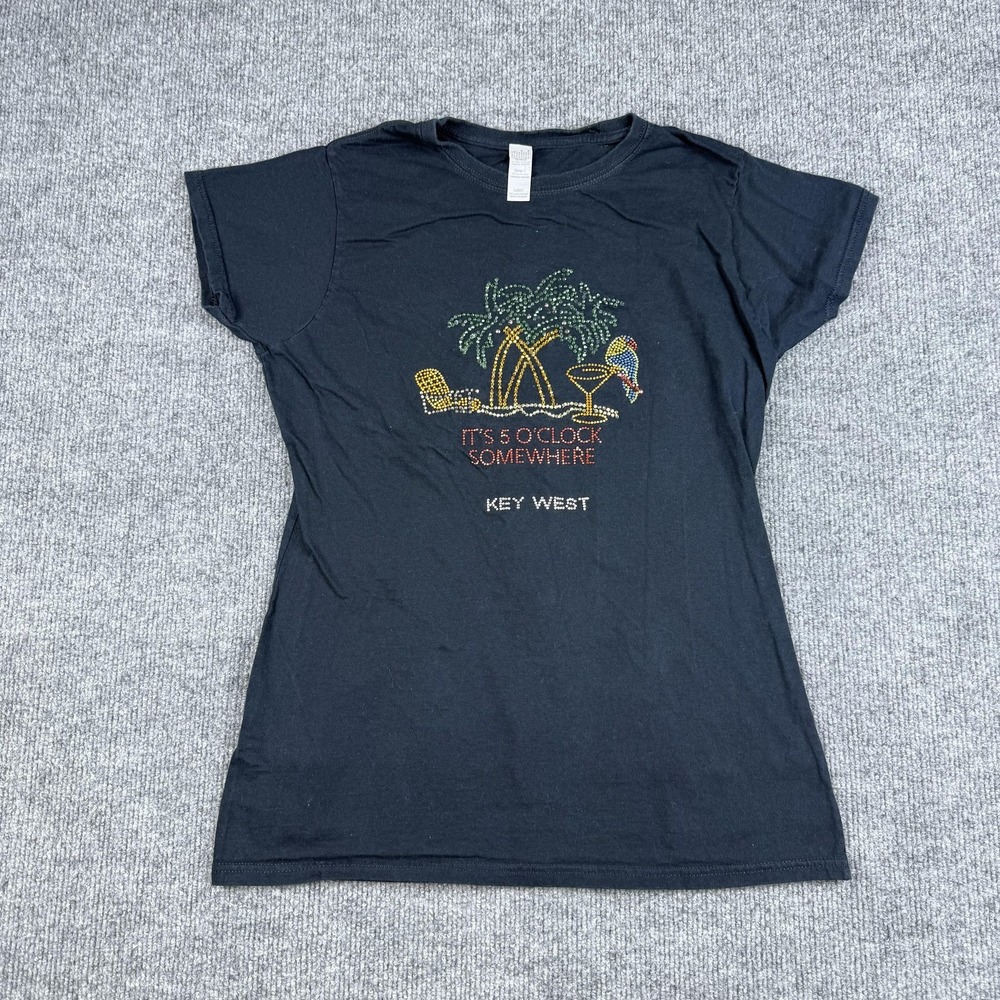 Gildan Shirt Womens Large Black It's 5 O'Clock Somewhere Key West Rhinestone